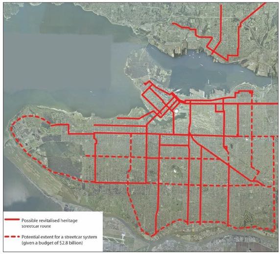 Image showing a grid of transit lines, serving nearly the entire area of Vancouver